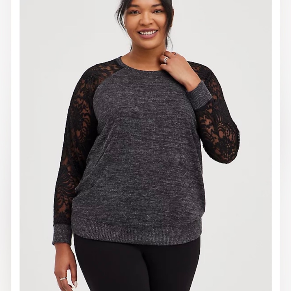 Super soft plush lace sleeve Raglan Sweatshirt